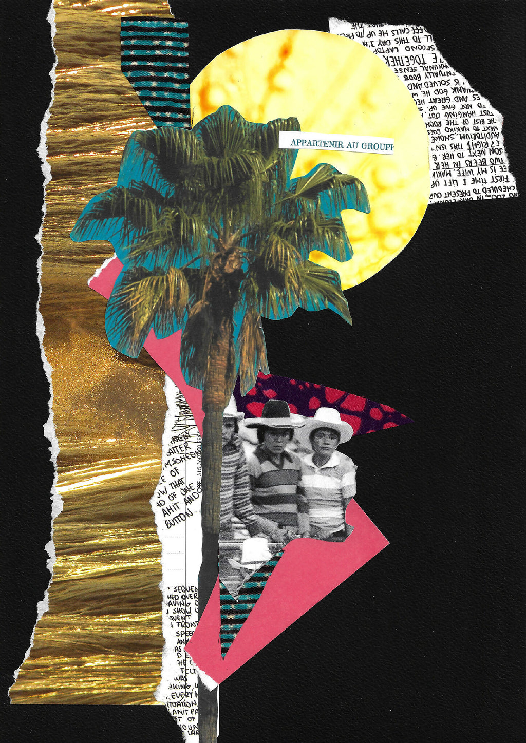 Collage encadré en gros plan : soleil jaune, palmiers turquoise et photo noir