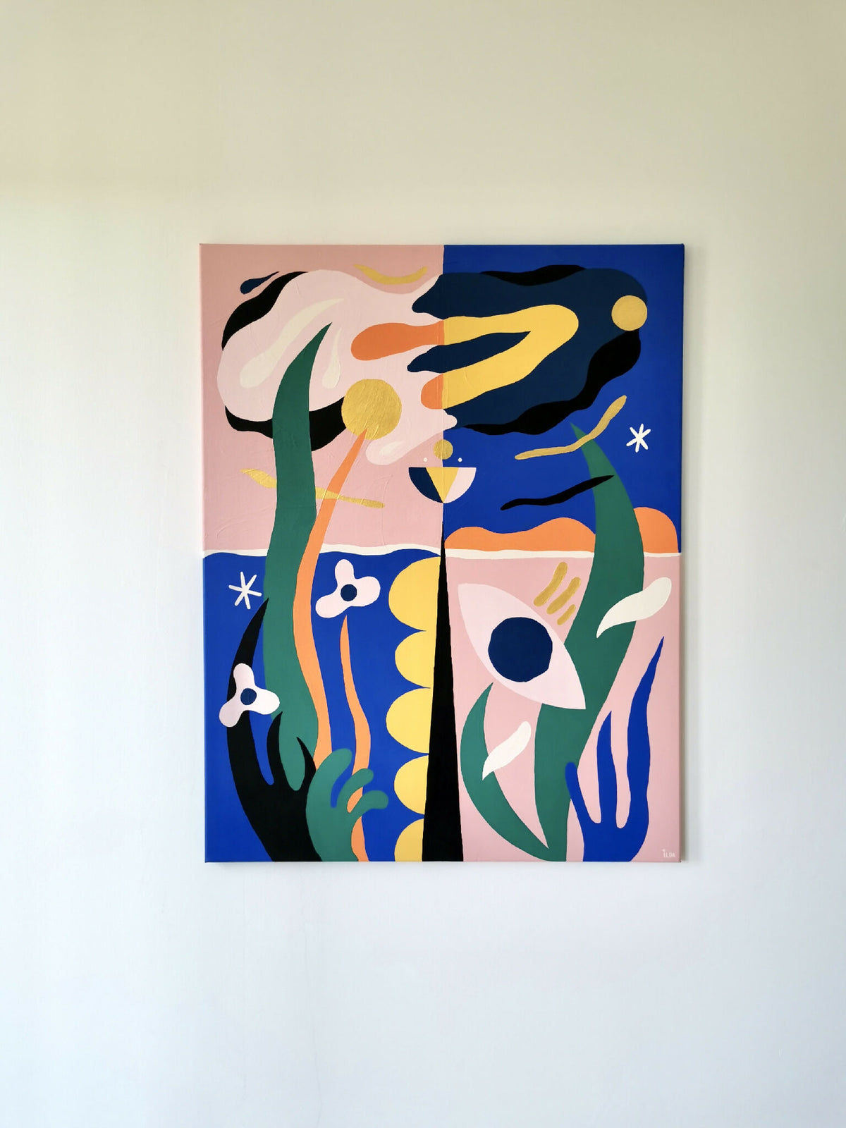 Peinture acrylique abstraite aux formes de planètes, bleu, rose, jaune et blanc.