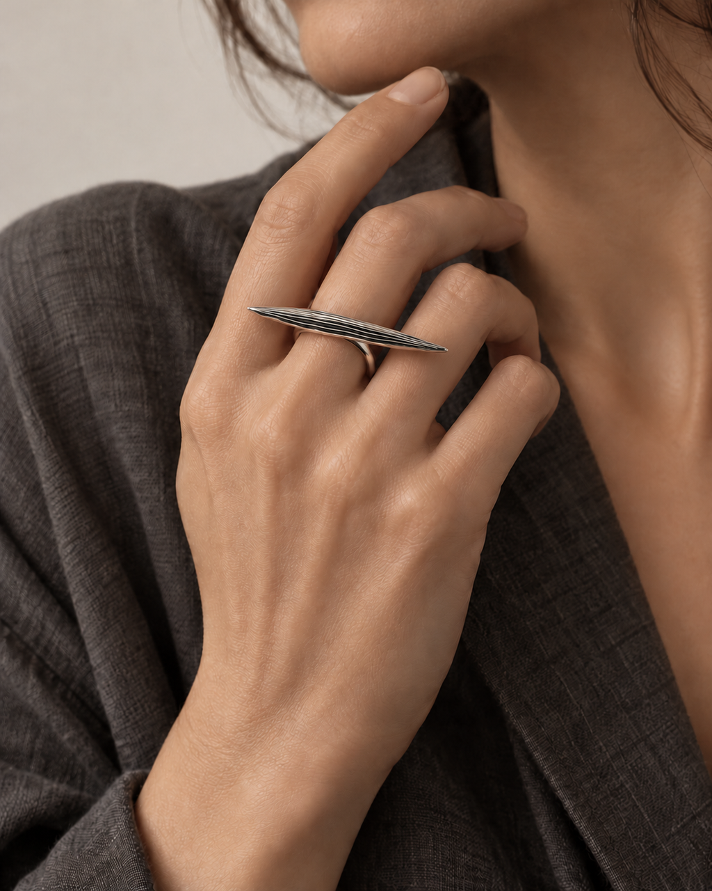 Bague 3 doigts Olivine réglable en argent massif recyclé