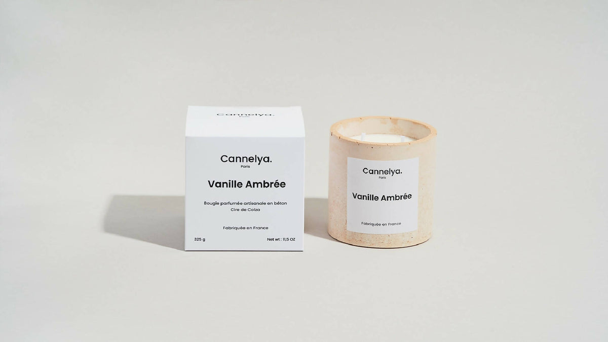 Coffret et bougie Cannelya Vanille Ambrée, pot beige, bougie avec mèche