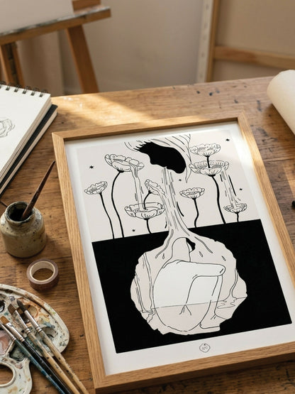 Refuge illustration à l’encre noire A4