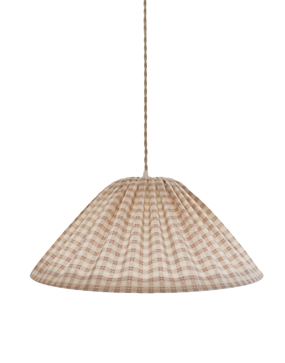 Suspension conique en tissu vichy beige clair, petits carreaux, diffuseur circulaire.