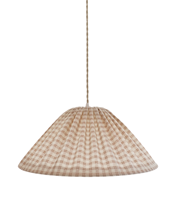 Suspension conique en tissu vichy beige clair, petits carreaux, diffuseur circulaire.