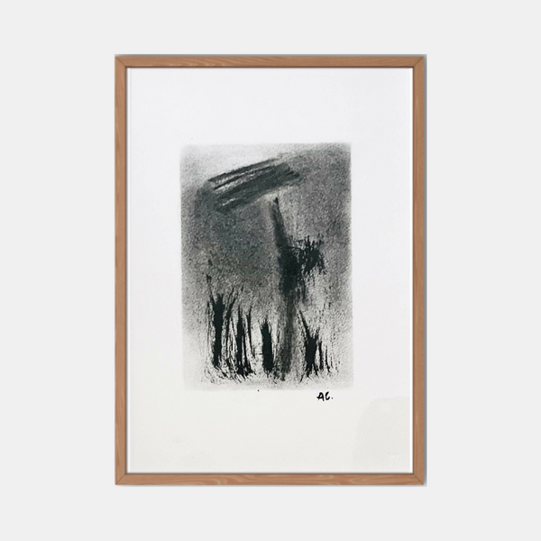 Tableau abstrait encadré, fond clair, touches sombres et traits noirs au pinceau