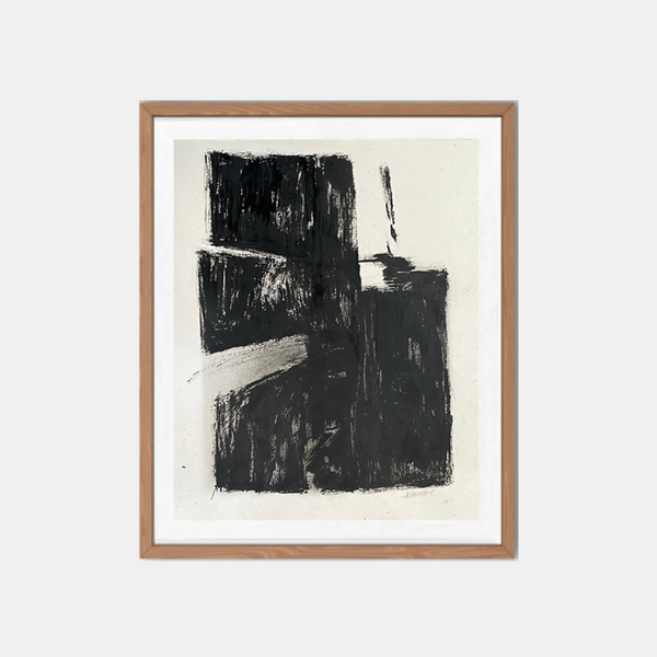 Tableau abstrait noir et gris encadré en bois, composition carrée