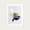 Affiche encadrée collage abstrait, formes dorées, bleues et blanches sur fond clair