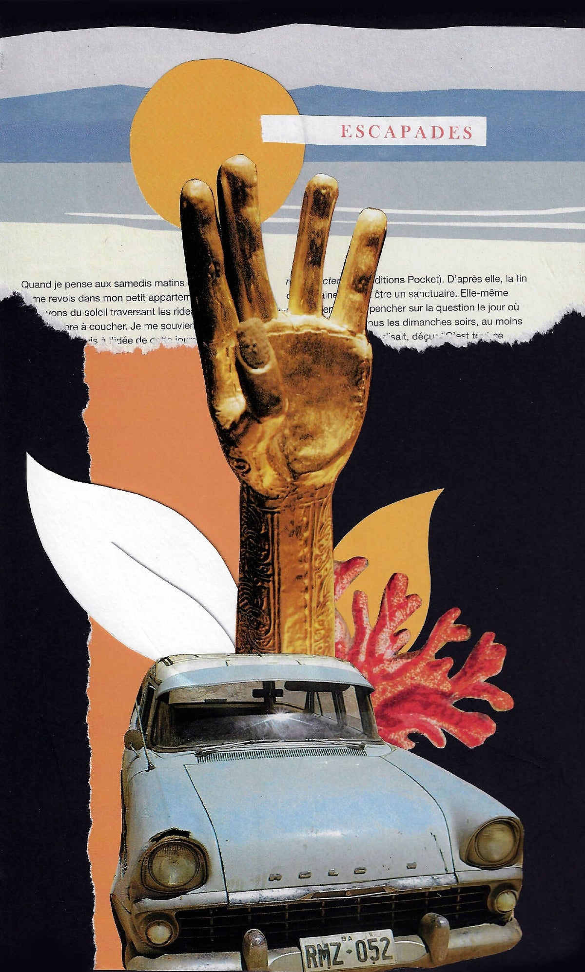 Affiche encadrée : main levée dorée, voiture bleue ancienne et formes abstraites