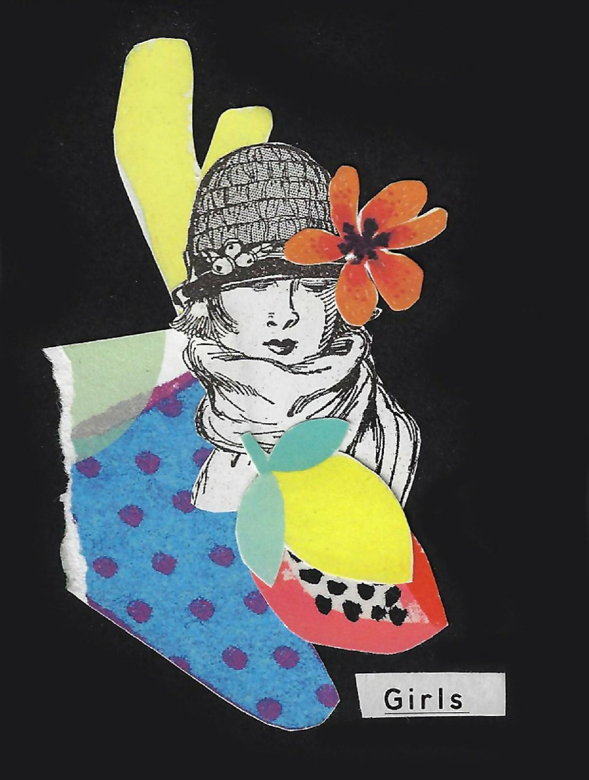 Affiche illustrée : fille en chapeau, fleur orange et robes à pois colorés.