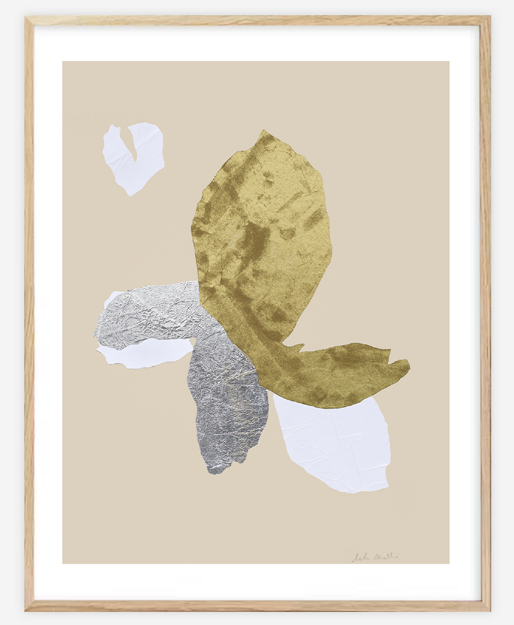 Collage encadré, grand motif ocre et formes gris-bleu, fleurs abstraites
