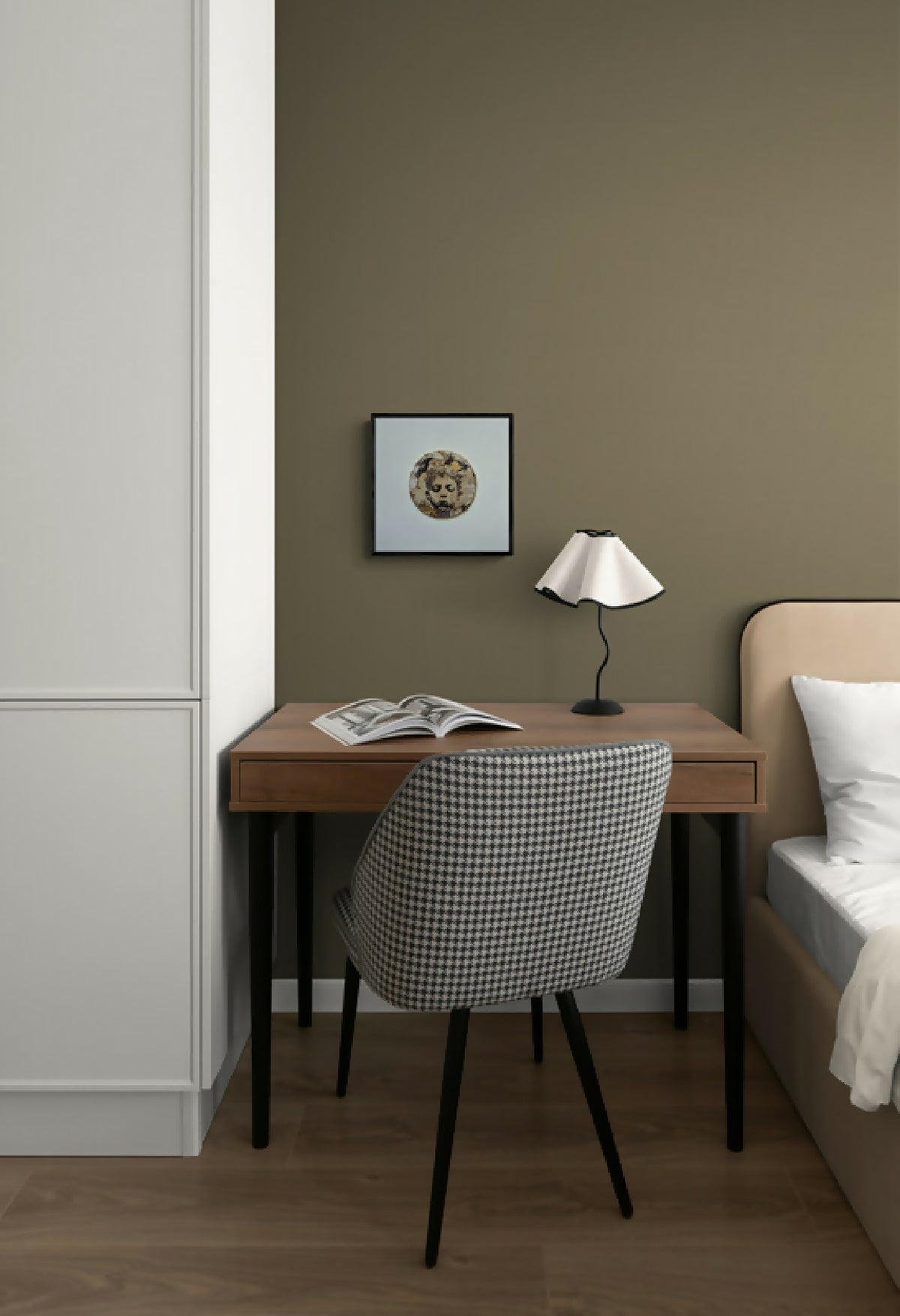 Petit tableau encadré rond avec portrait en noir et beige, au mur