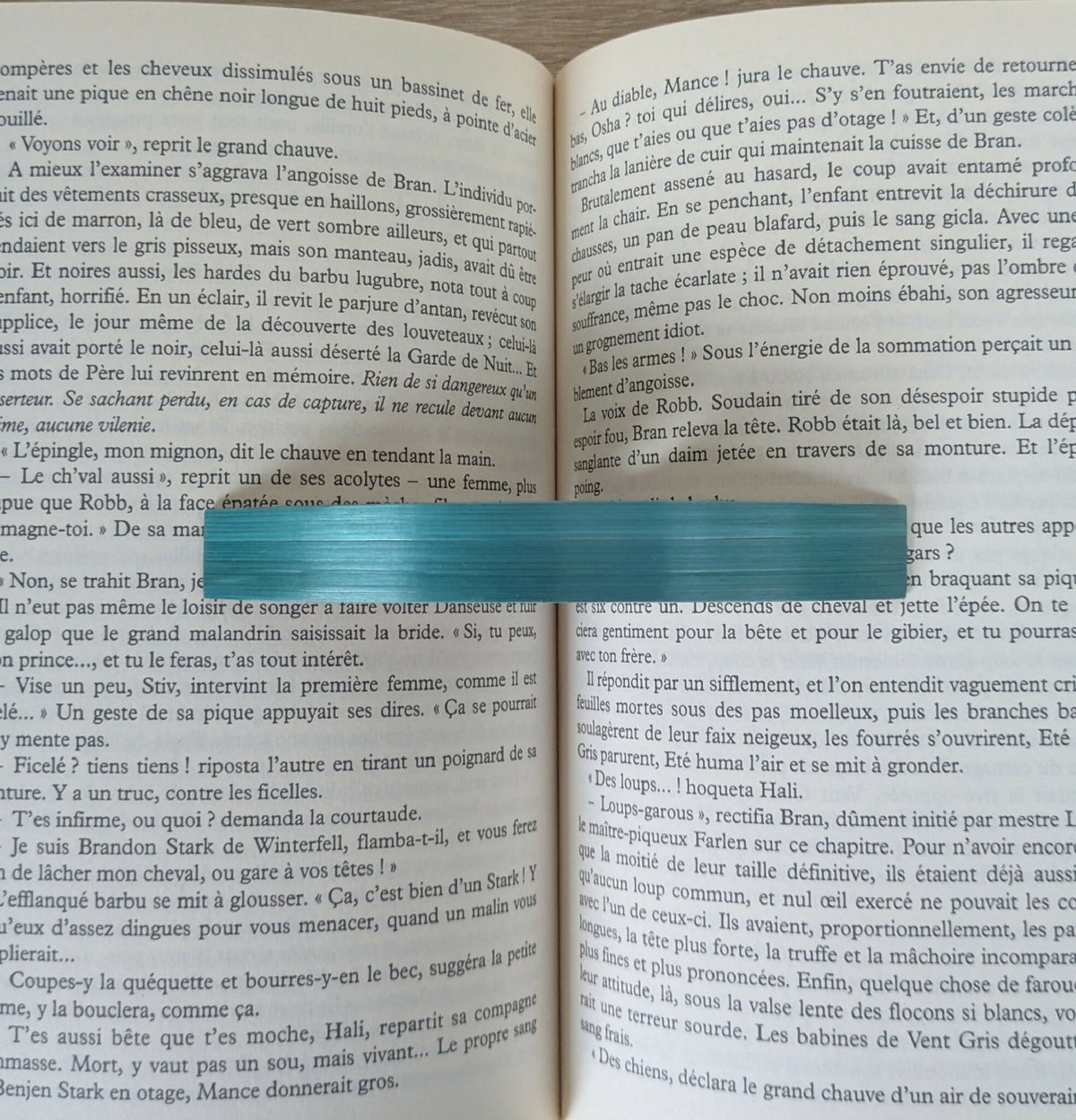 Marque-page en bois bleu turquoise sur pages imprimées, vue rapprochée