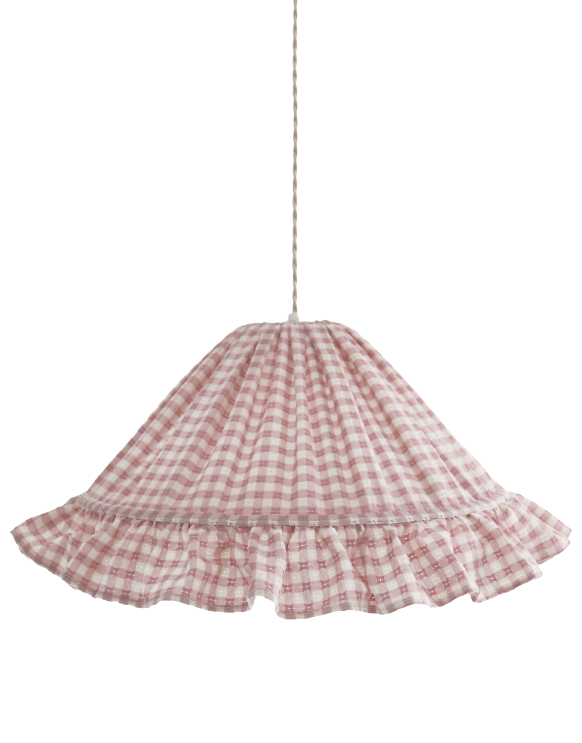 Suspension conique Emilia en tissu à petits carreaux rose, volant froncé en bordure.