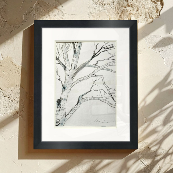 Dessin original encadré de bouleau, branches en lignes fines sur fond clair.