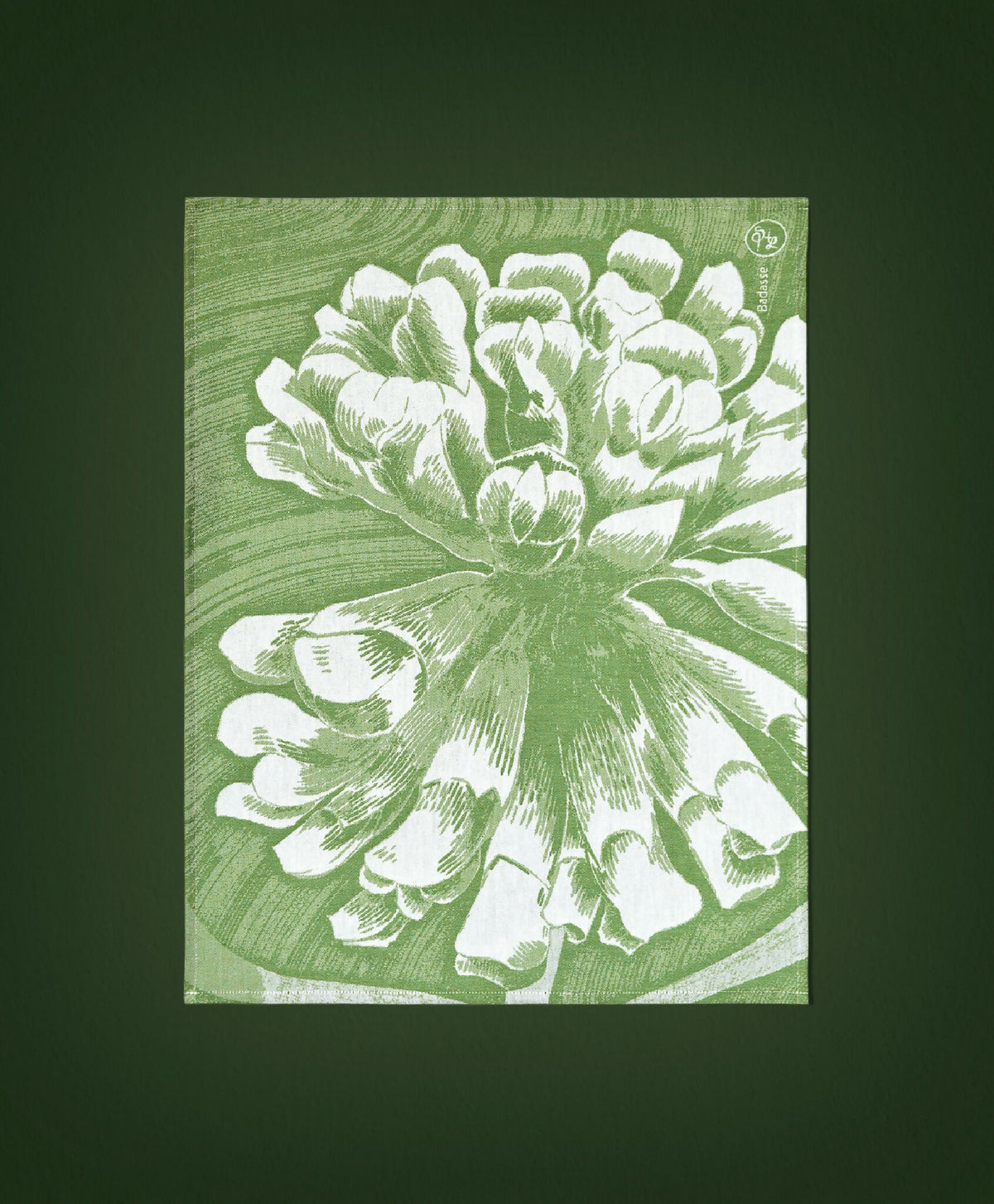 Torchon imprimé en coton vert et blanc, motif floral large