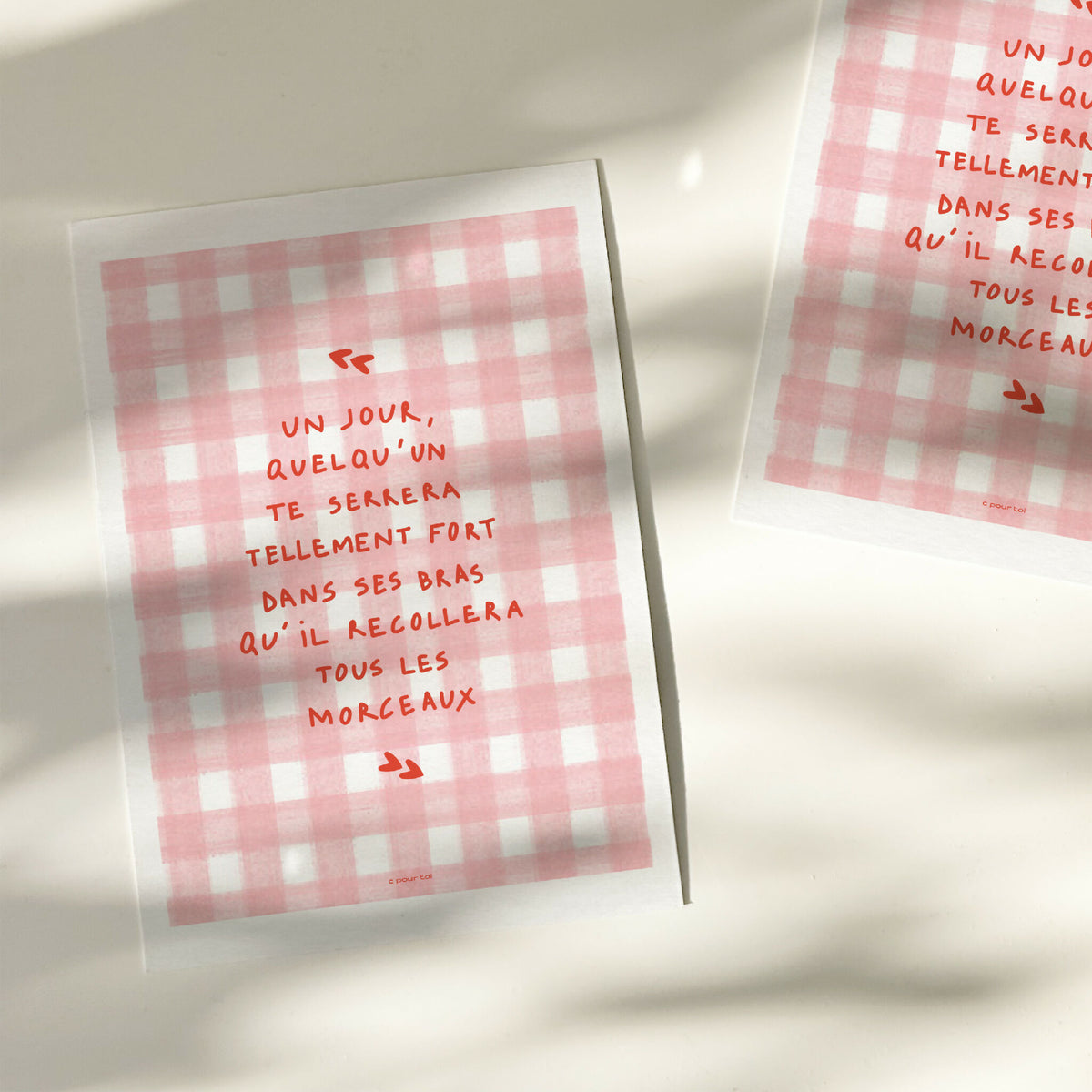 Carte de vœux vichy rose, message rouge imprimé, flèches doubles, en enveloppe ouverte