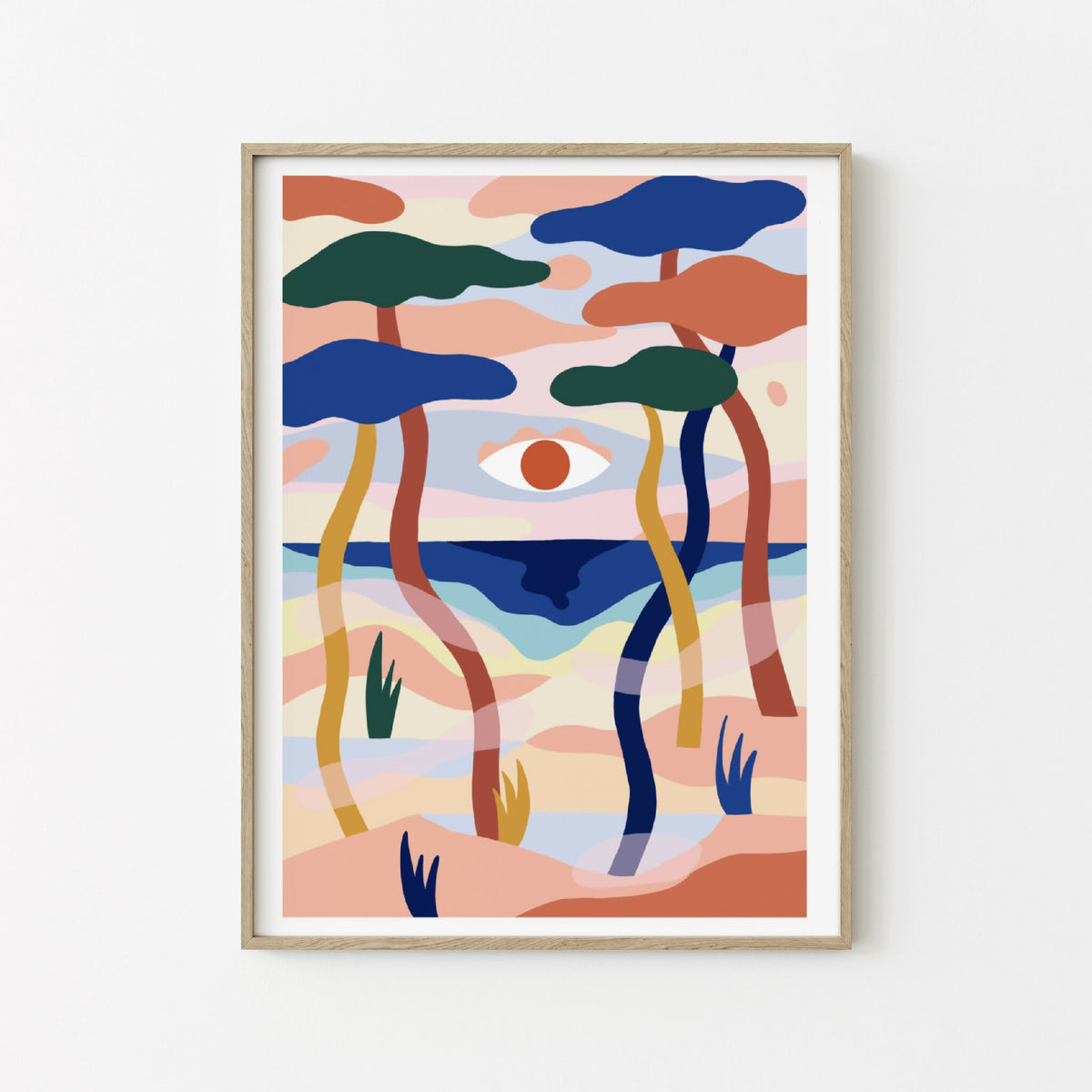Illustration encadrée avec silhouettes abstraites bleu, vert et corail sur fond crème.