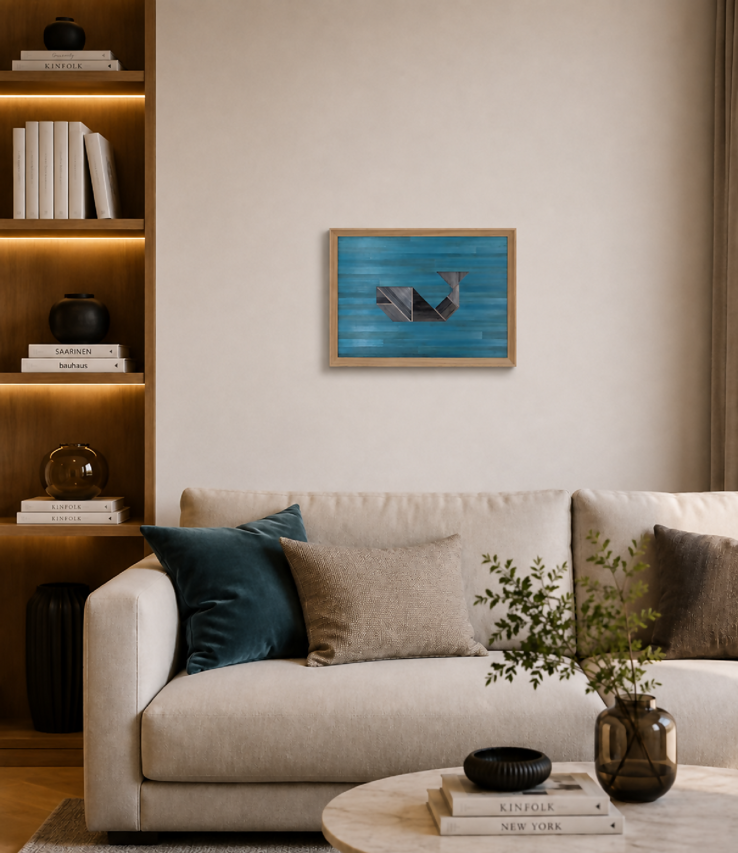 Tableau encadré en bois, marqueterie bleue et gris anthracite.
