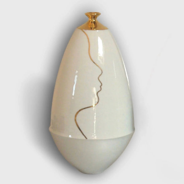 Vase soliflore en céramique blanc avec dessin visage doré et goulot doré