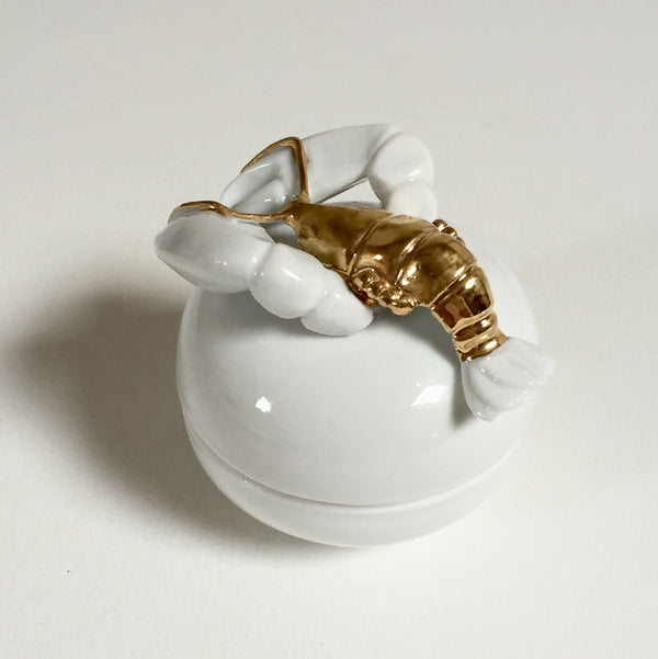 Boîte à sucres en porcelaine blanche avec couvercle homard doré en relief