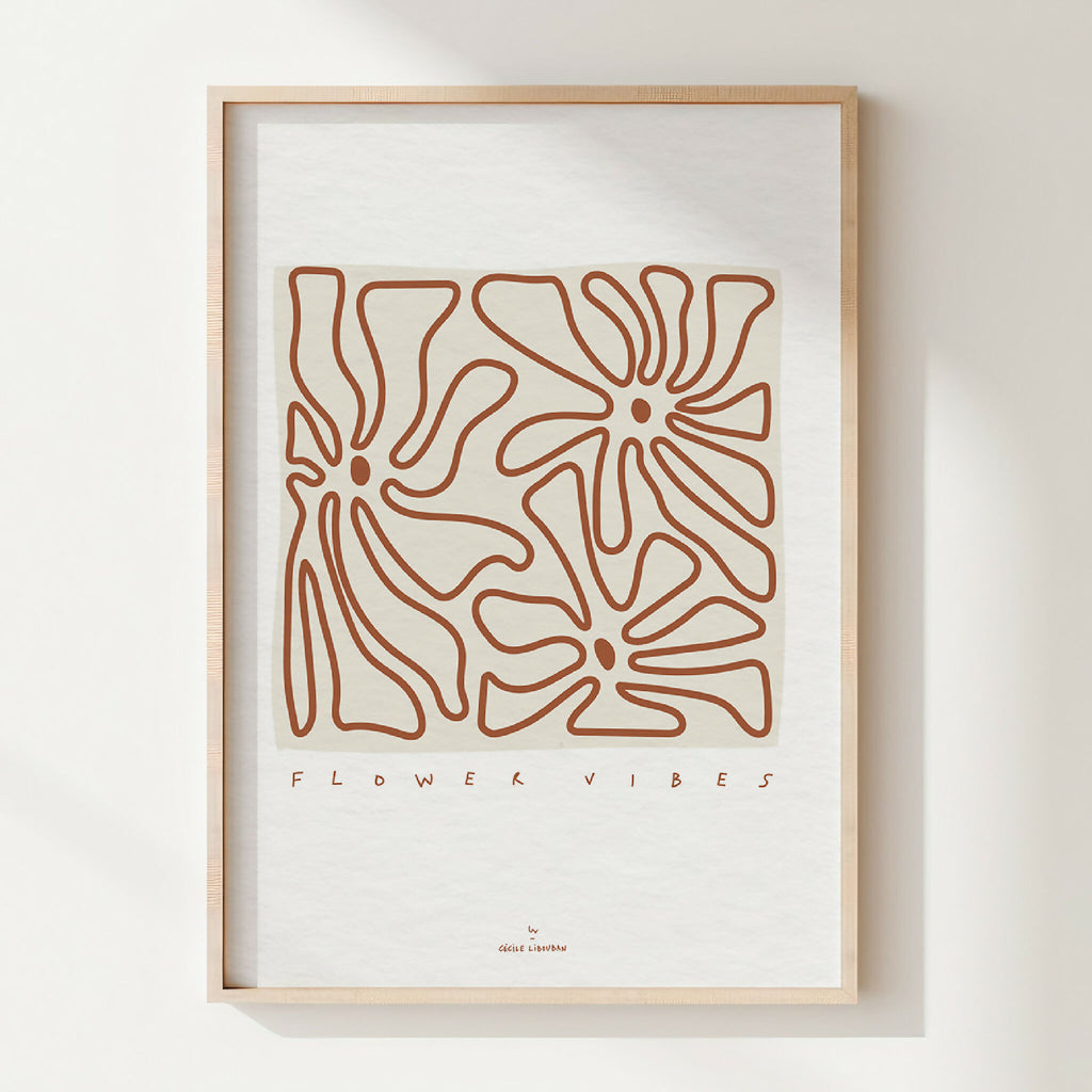 Carte illustrée encadrée, motif abstrait terracotta sur fond clair, texte FLOWER VIBES