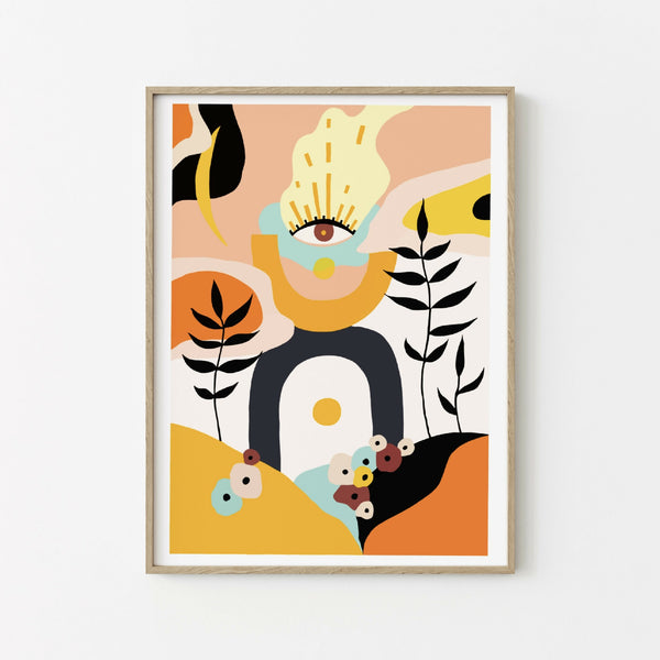 Illustration INES encadrée bois : œil stylisé, feuillages noirs et formes orange beige