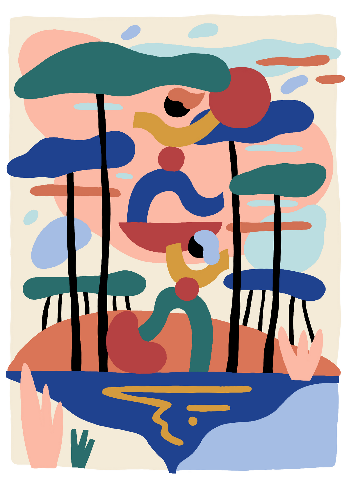 Digigraphie abstraite avec silhouettes sous des formes d’arbres et parapluies, couleurs vives.