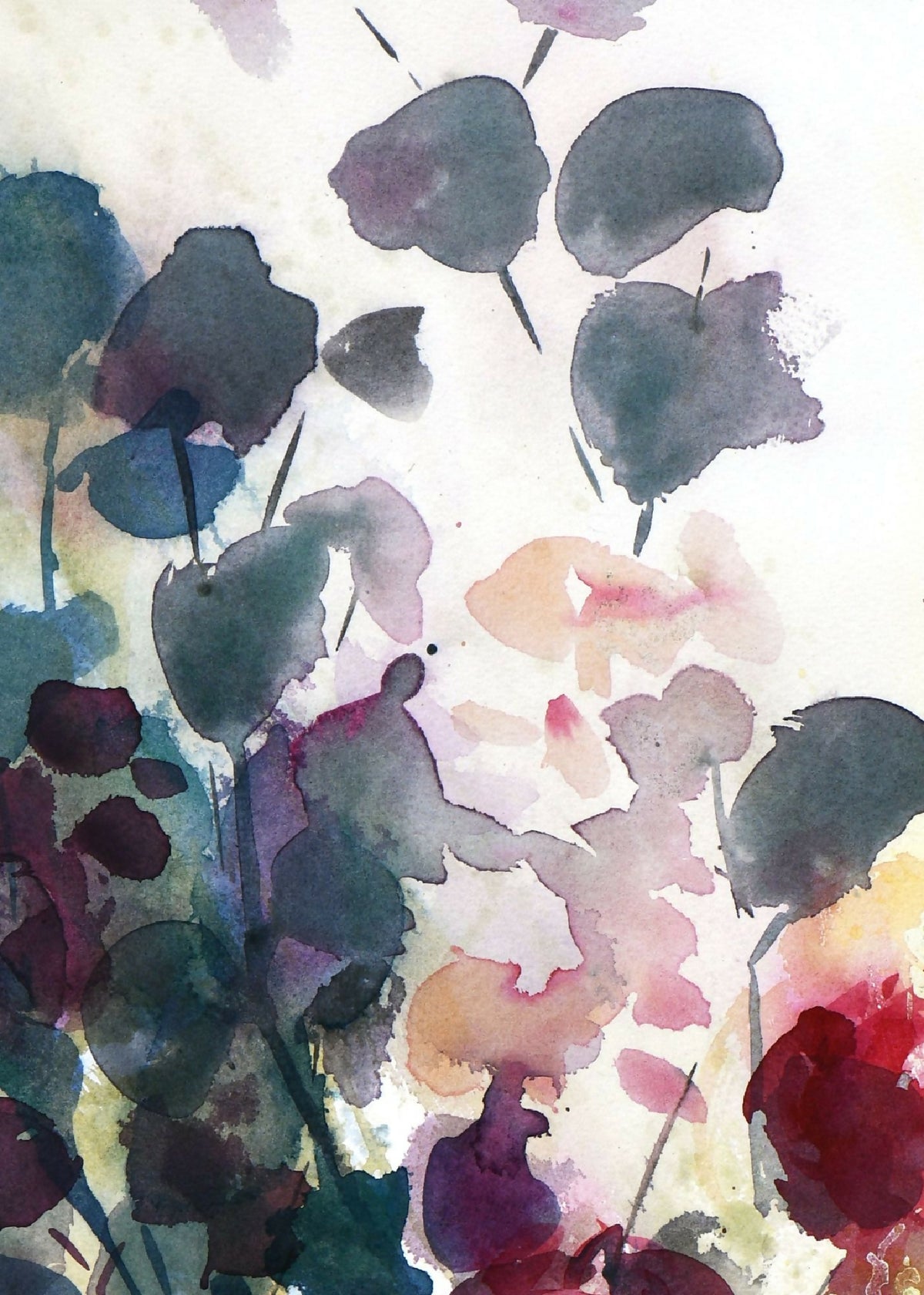Détail d’aquarelle de roses et feuillages, tons bleu nuit, pourpre et rouge.