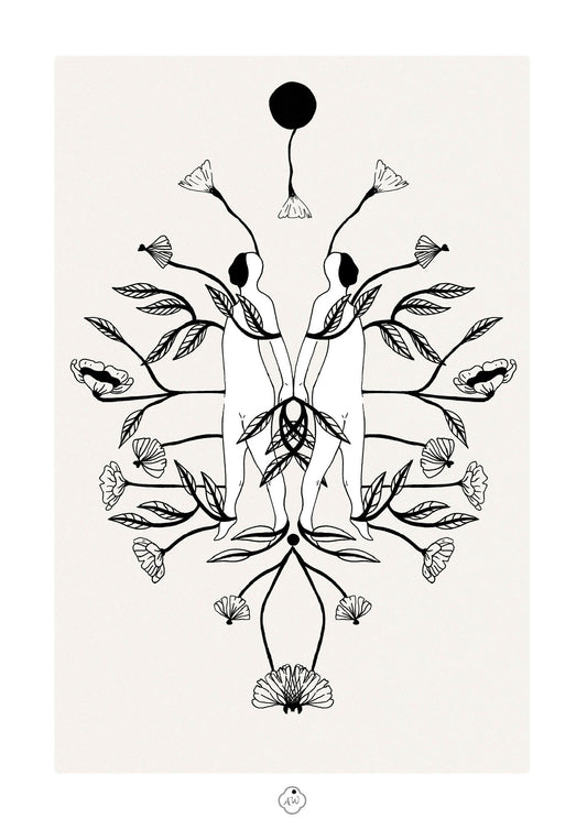 Âmes Jumelles illustration à l’encre noire A4