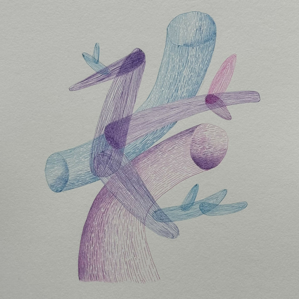Illustration abstraite style dessin, formes de mobiles en tons bleu et violet