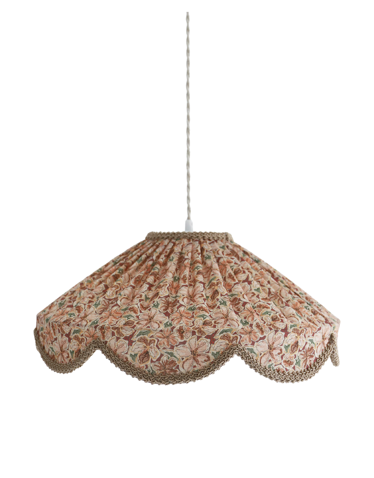 Suspension abat-jour floral provençal, forme cloche, liseré torsadé
