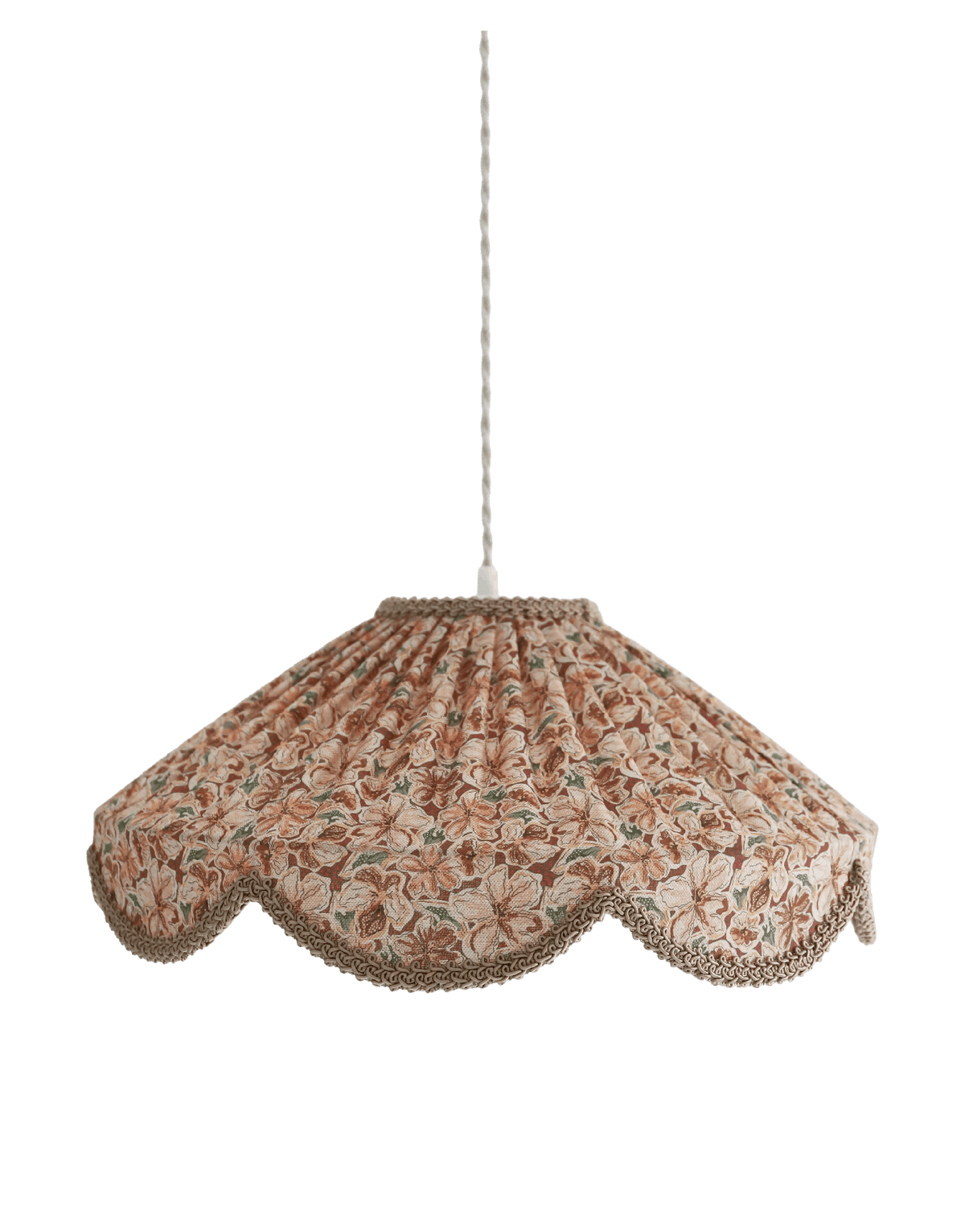 Suspension abat-jour floral provençal, forme cloche, liseré torsadé