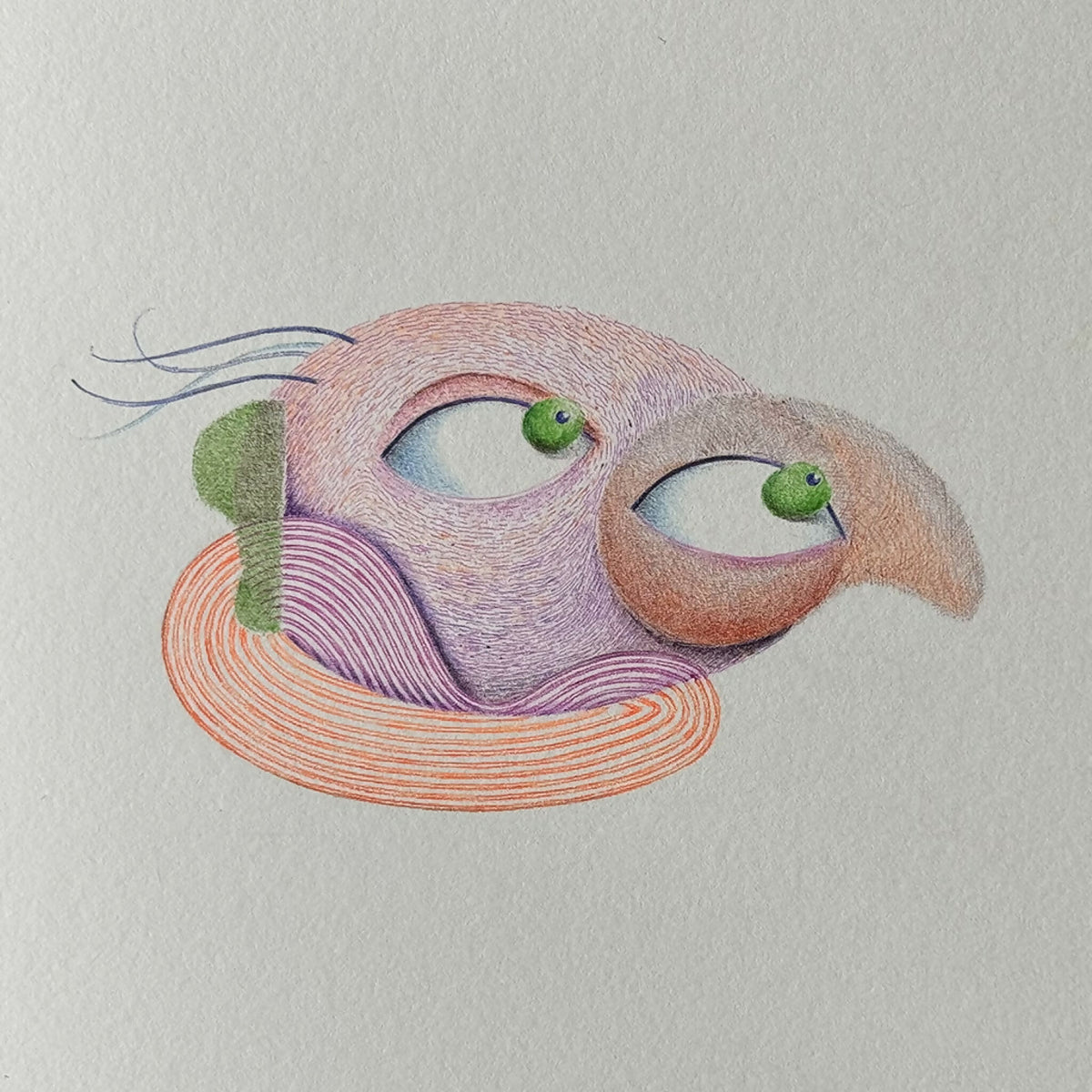 Illustration rapprochée d’un oiseau, yeux verts, traits et lignes orange
