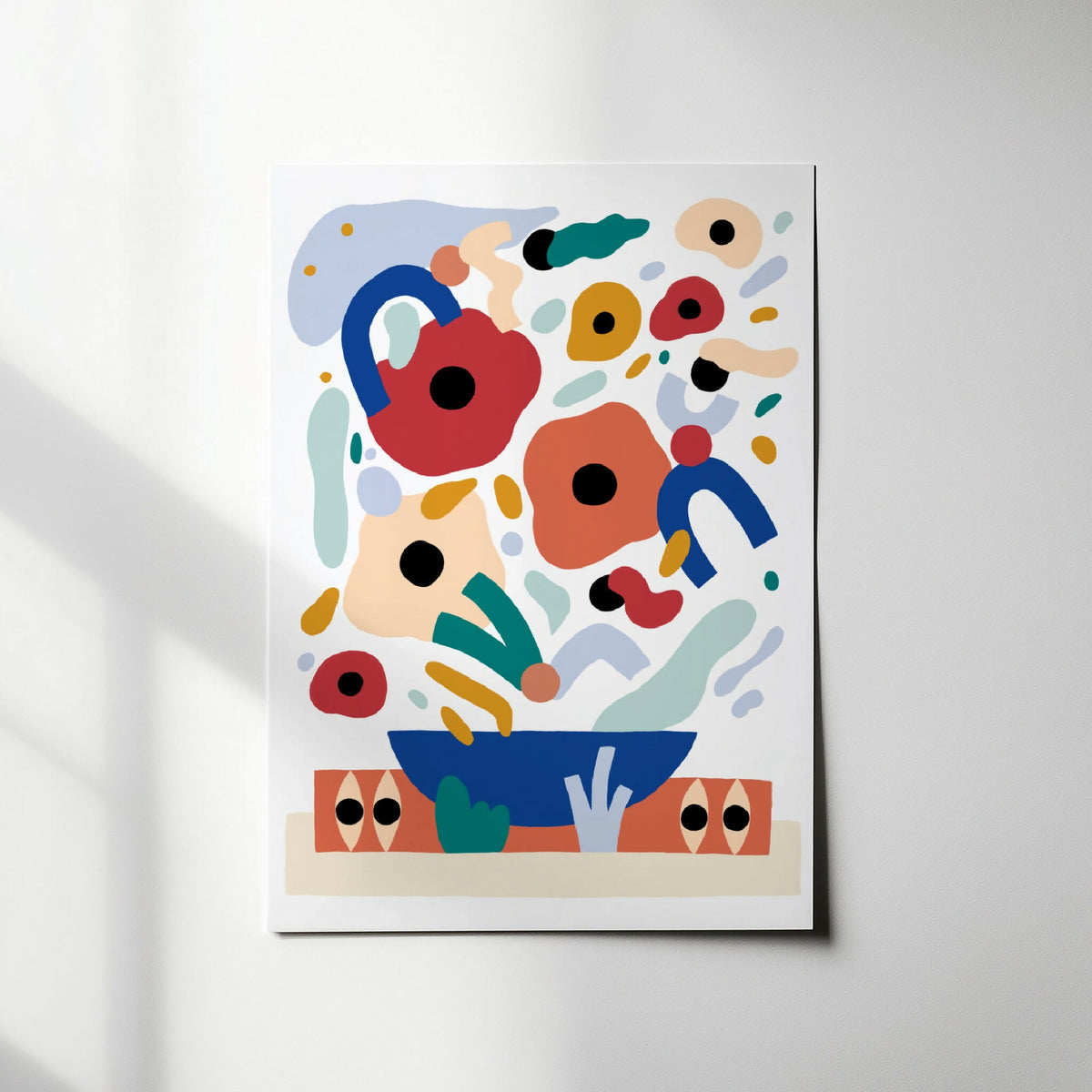 Tableau encadré digigraphie aux formes abstraites rouges, bleues et vertes