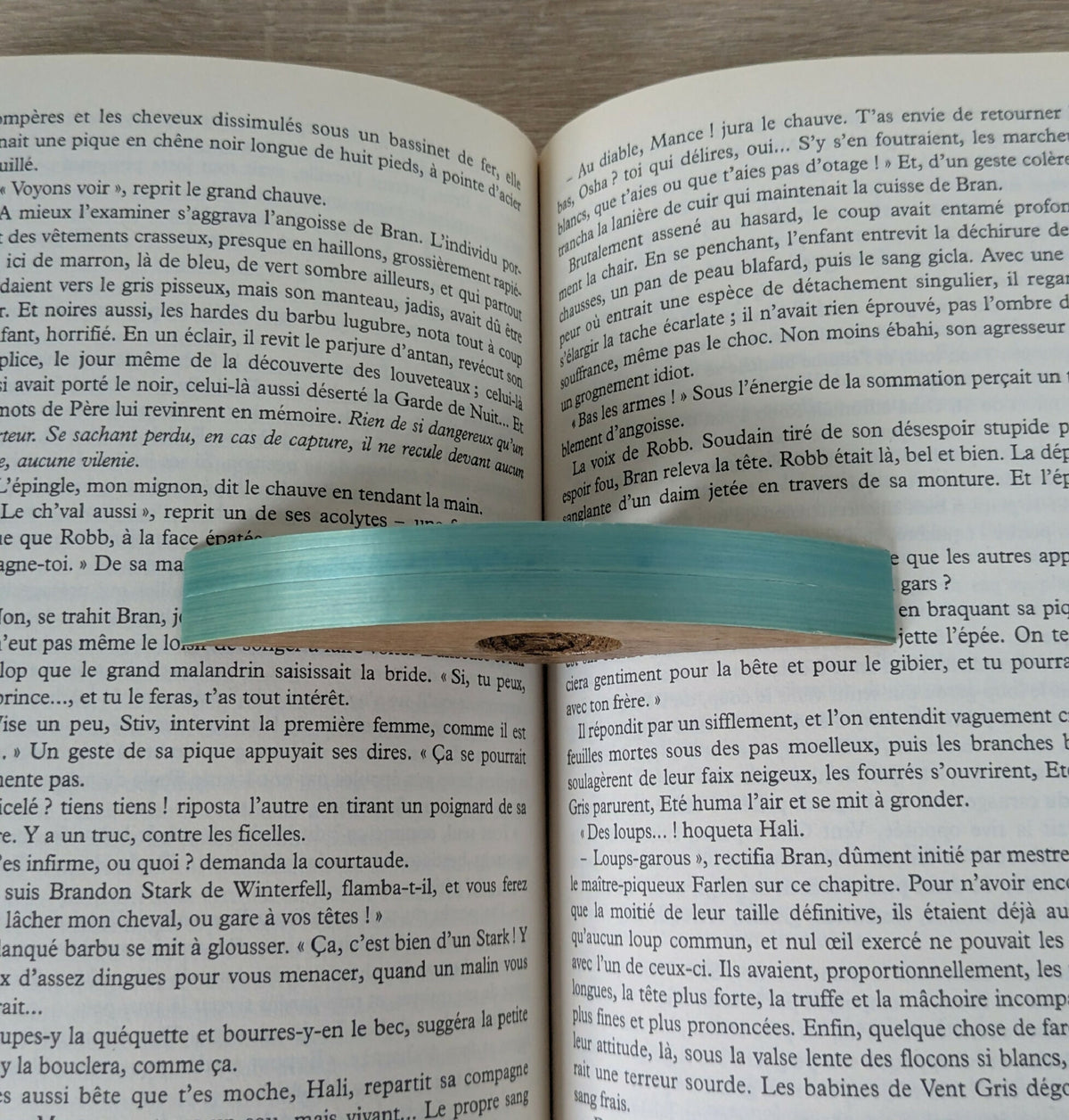 Bague de lecture en bois turquoise, insérée dans un livre, vue rapprochée
