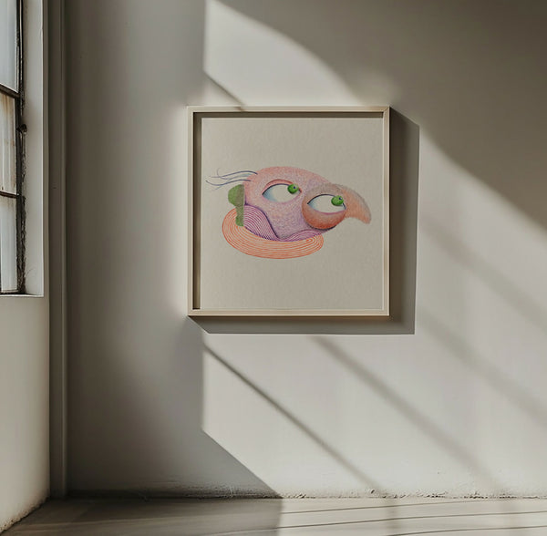 Illustration encadrée avec oiseau coloré et lignes orange sur fond clair