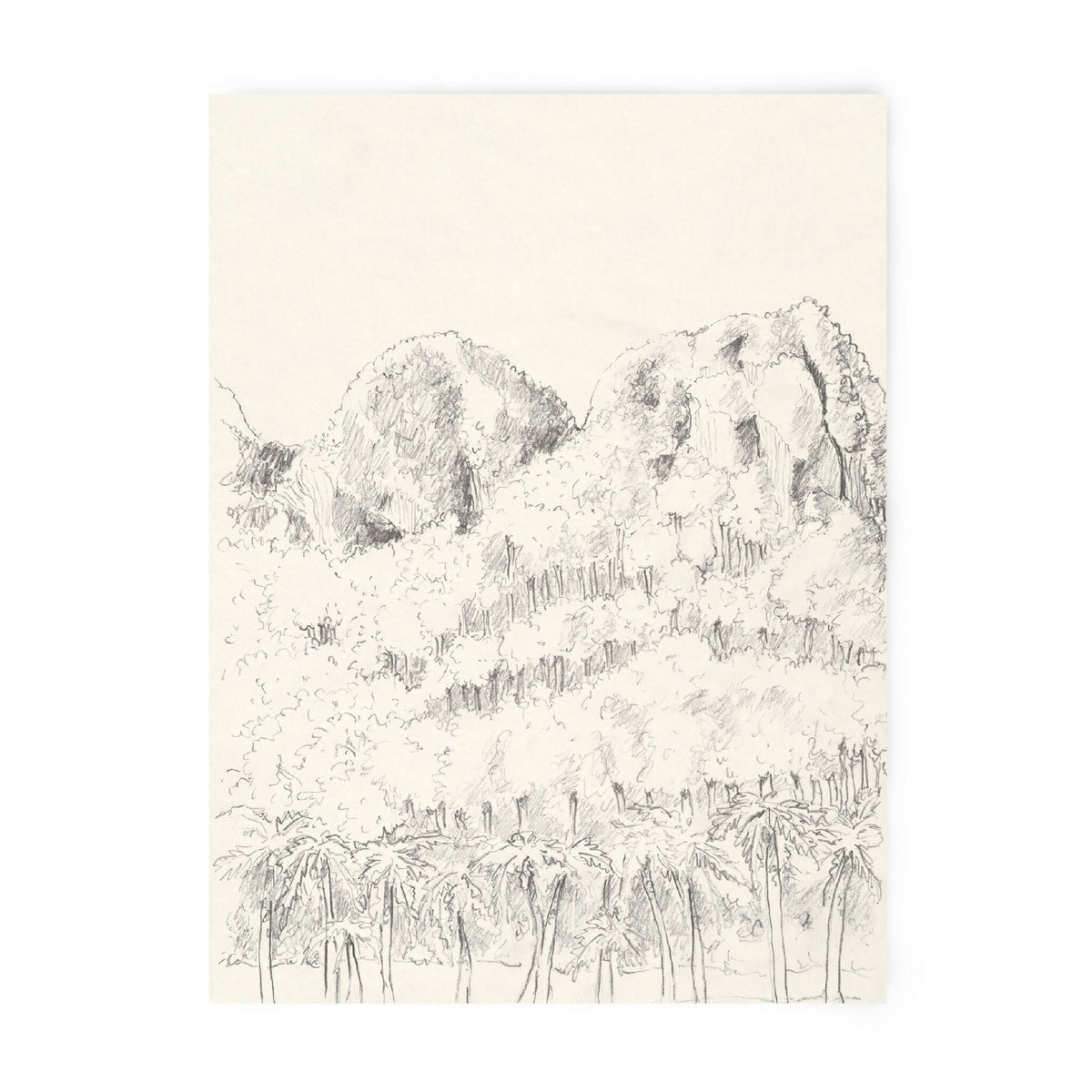 Tirage d’art numéroté et signé : paysage au crayon, palmiers et montagnes