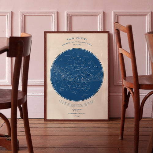 Affiche « Carte céleste » encadrée, cercle bleu au centre sur fond beige.