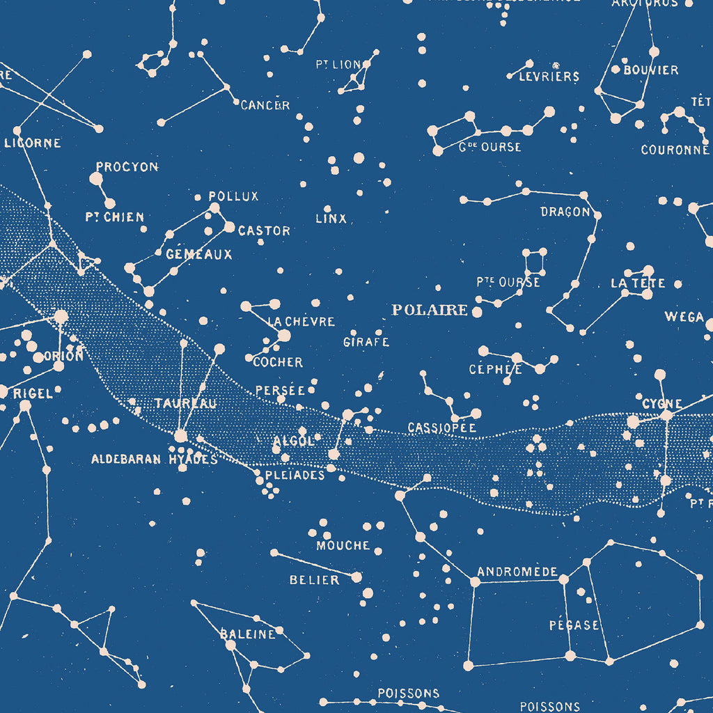 Affiche « Carte céleste » : constellations blanches sur fond bleu avec noms.