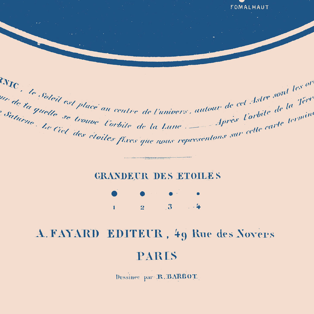Affiche « Carte céleste » avec cercle d’astronomie bleu et texte en haut.
