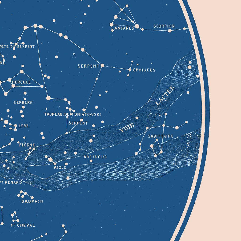 Affiche carte céleste avec constellations reliées et trajectoire courbe d’étoiles