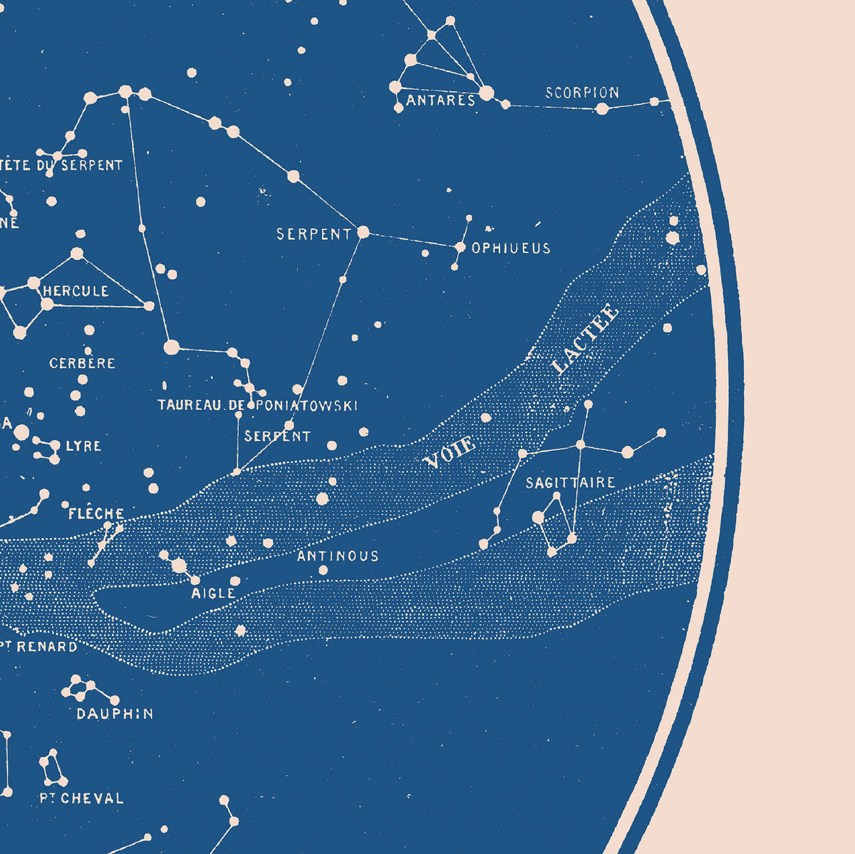 Affiche carte céleste avec constellations reliées et trajectoire courbe d’étoiles