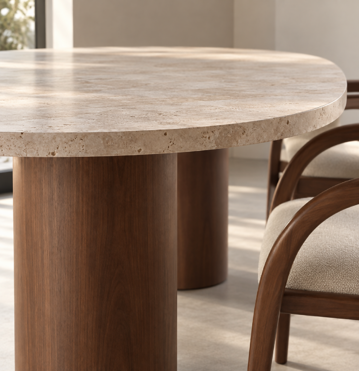 Travertine table with beech wood legs
