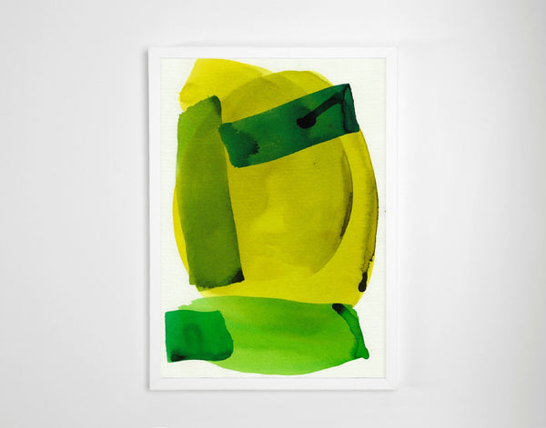 Aquarelle abstraite vert et jaune, formes organiques sur papier, encadrée.