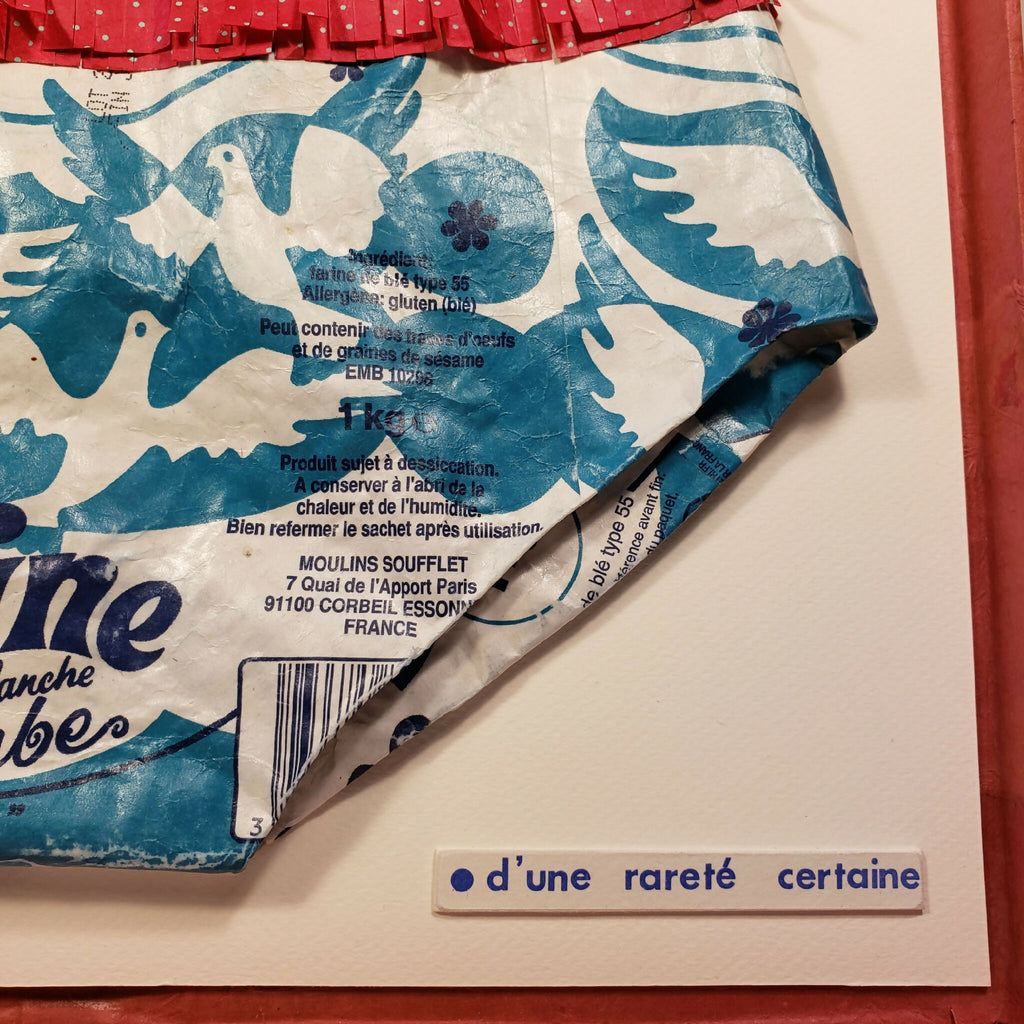 Culotte encadrée : partie imprimée bleu oiseaux et texte, avec bordure rouge à volants.