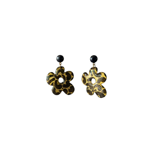 Or & Kaki — pendantes pâquerette · papier Lokta résiné · cabochon noir laqué · fait main France 🇫🇷