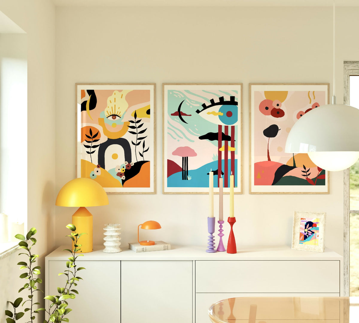 Ensemble de trois illustrations encadrées BAUDOUIN, motifs animaliers colorés sur mur