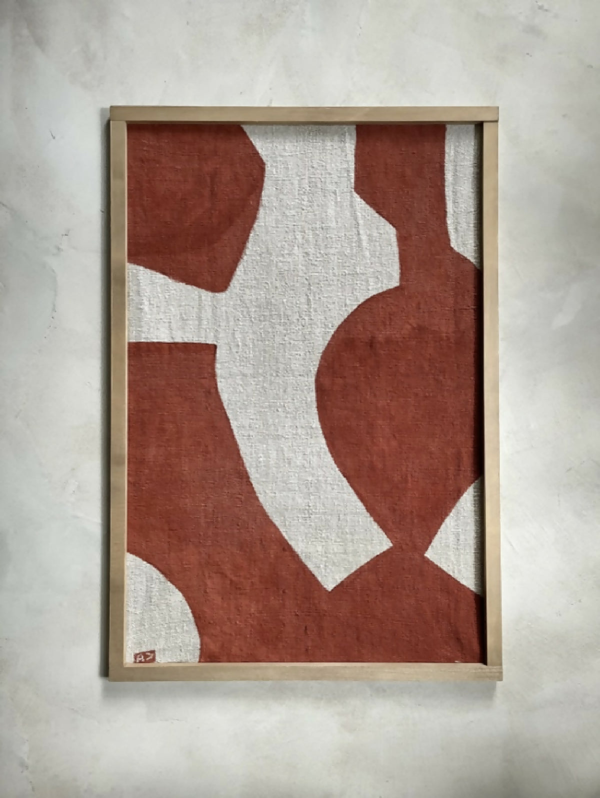 Tableau Jacite abstrait en cadre bois, formes rouge brique sur fond clair