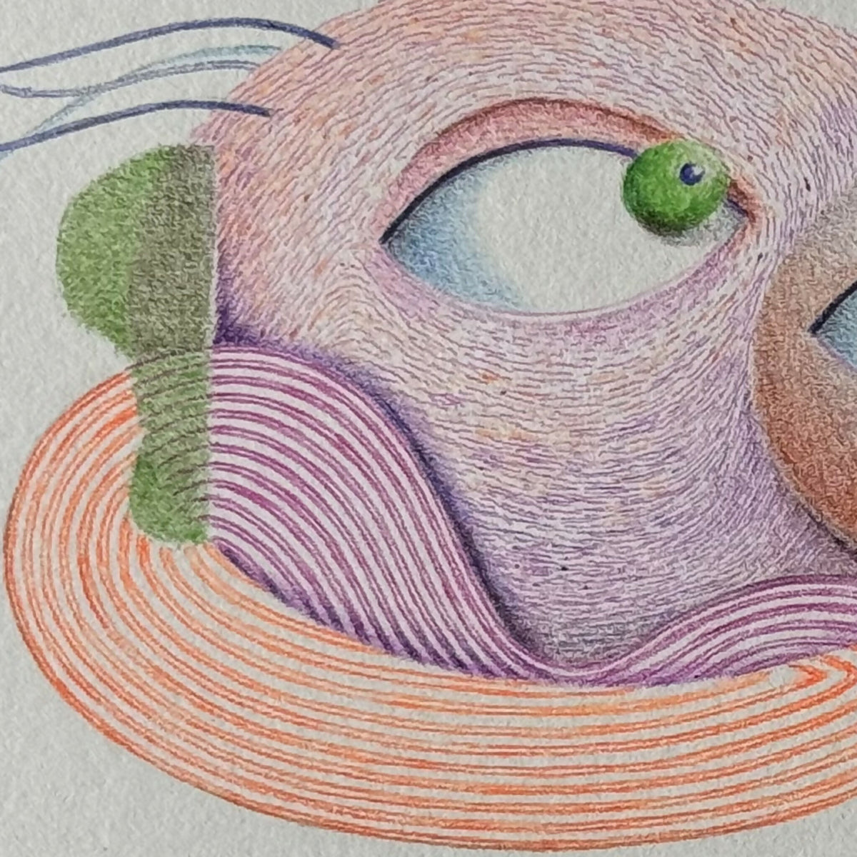 Gros plan d’un oiseau illustré, yeux verts et plume violette, lignes orange