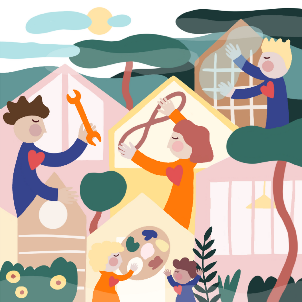 Groupe dans un décor de rue, maisons en fond, personnages en tenues colorées