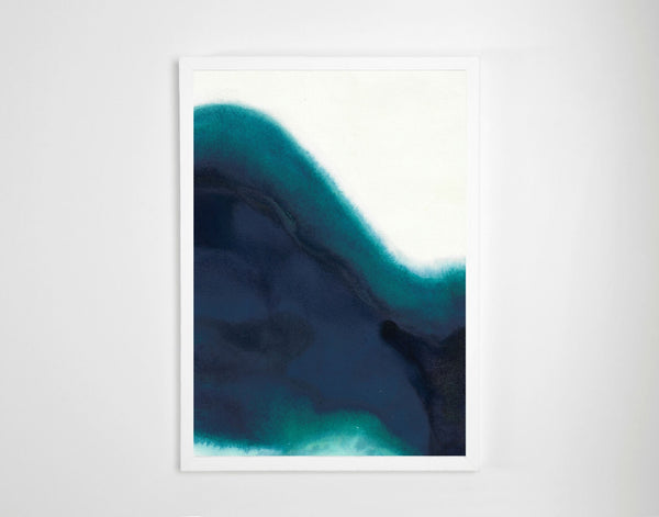 Tableau abstrait aquarelle encadré, dégradés bleu foncé et turquoise